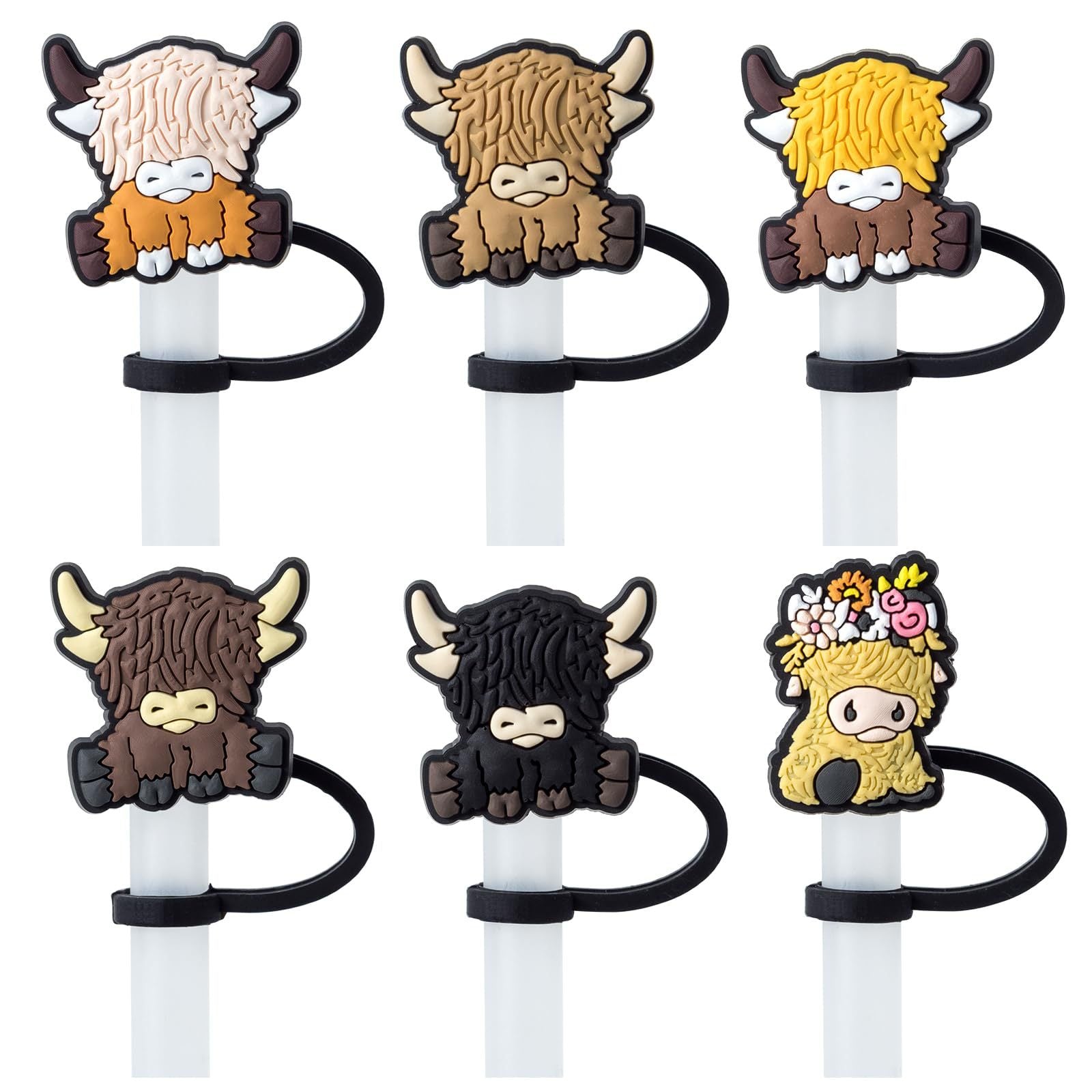 Wholesale 6pcs/pack Cartoon Highland Cow Party Dust Resistant Straw Set